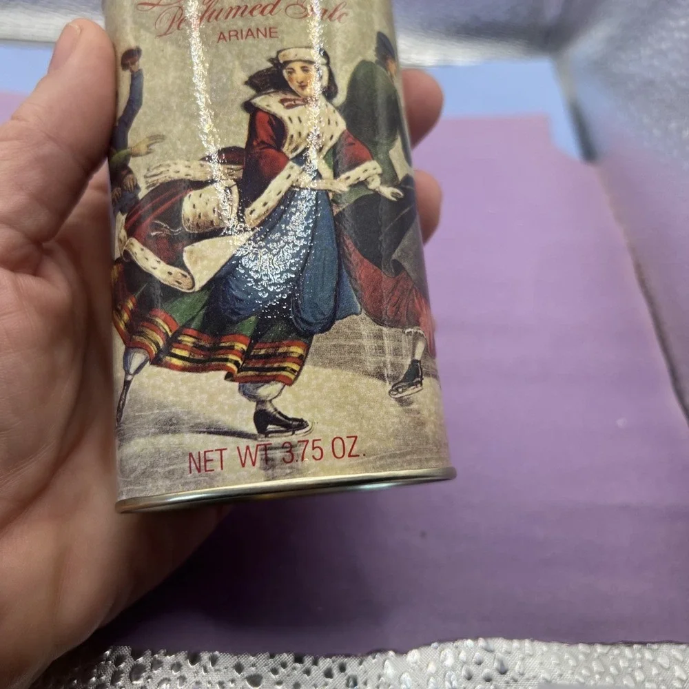 Vintage 1970's Avon perfumed Talc Tin In Ariane scent Bottle Lady Skater 3.75 Oz